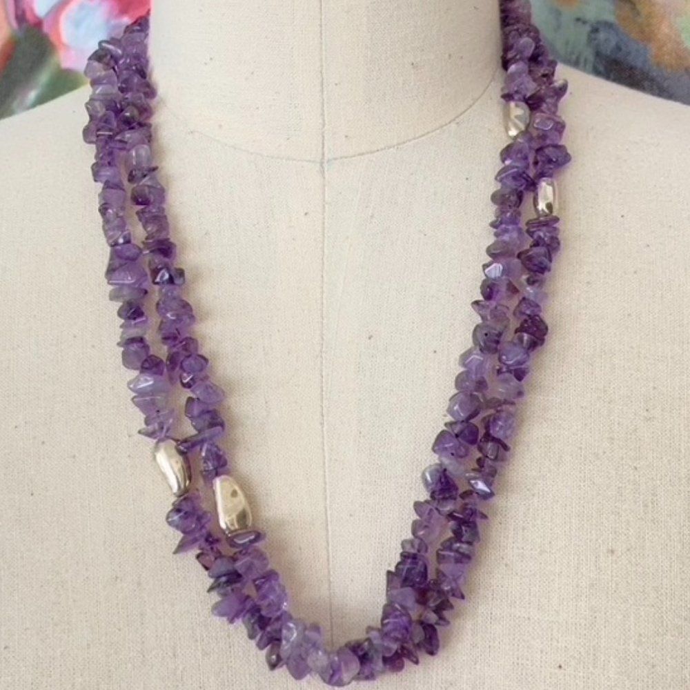 Purple Amethyst Stone Bead Beaded Sterling Silver 925 Necklace - Artisan